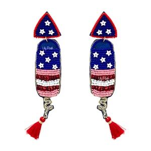Beaded Fire Cracker Rocket Earring, Oversized Statement Red White Blue Earring